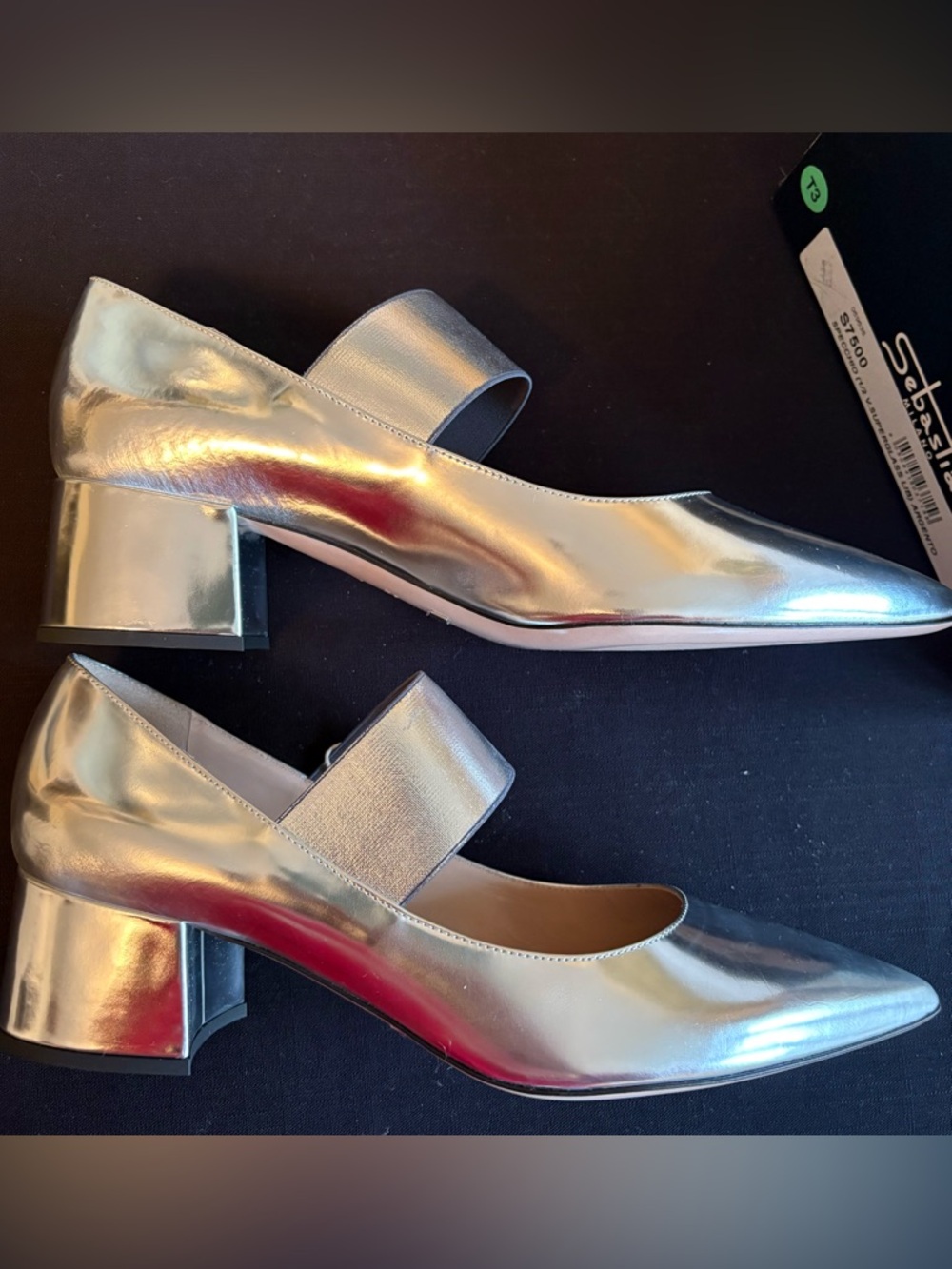 Silver Mary Jane Block Heel Pumps Real Leather pointy toe Sebastian Milano